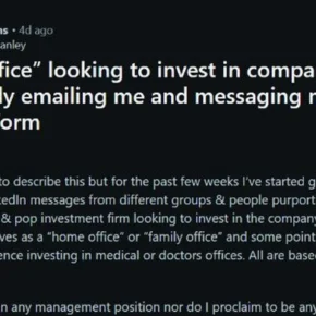 Authentic Reddit report about repeated family office investment messages sent to an ordinary employee by email text and LinkedIn