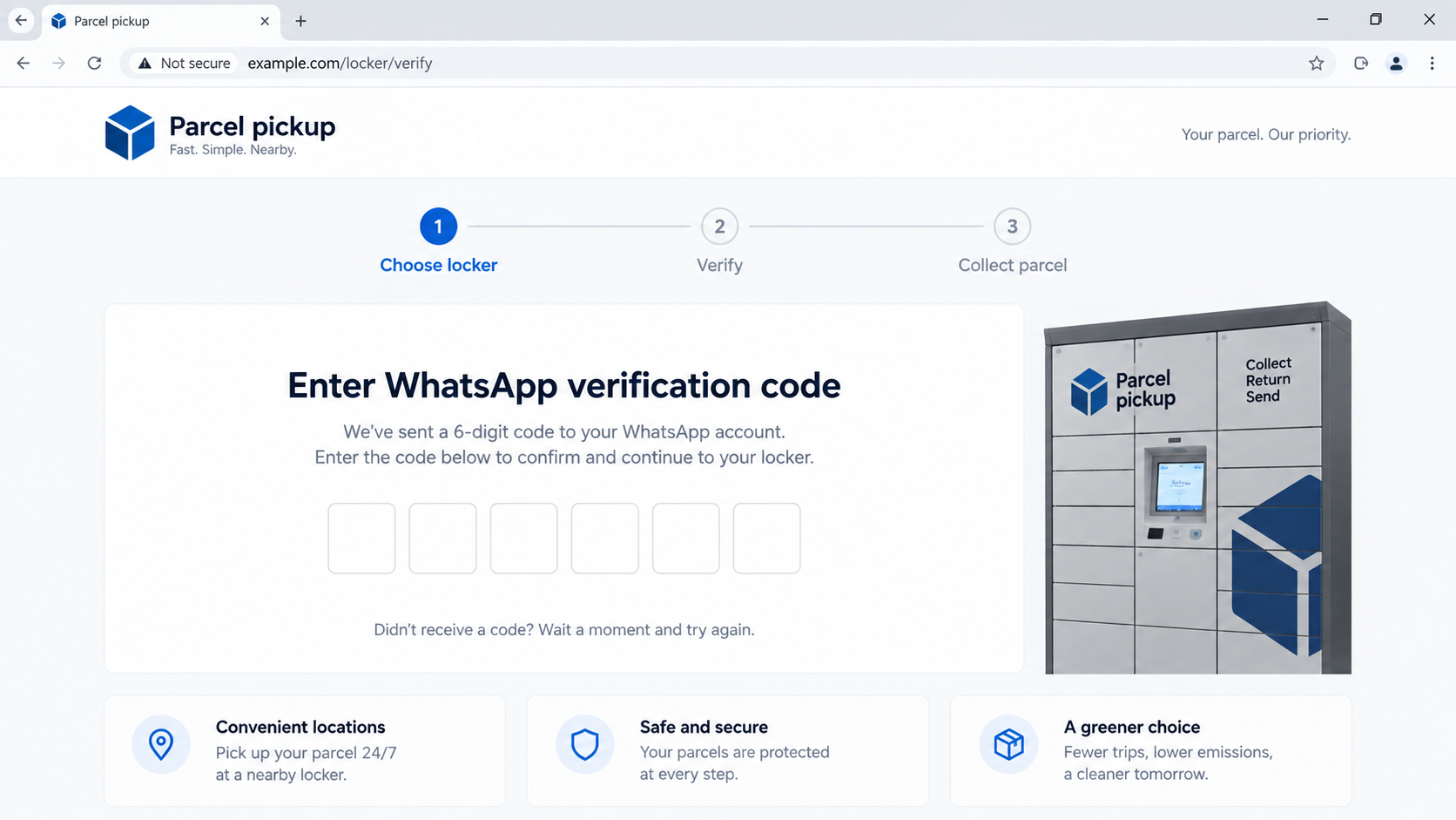 Illustrative fake parcel page requesting a WhatsApp registration code