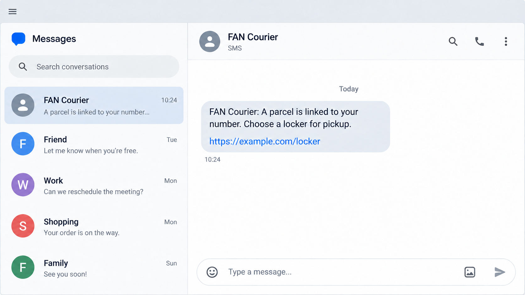 Illustrative FAN Courier locker-selection text with a harmless example address