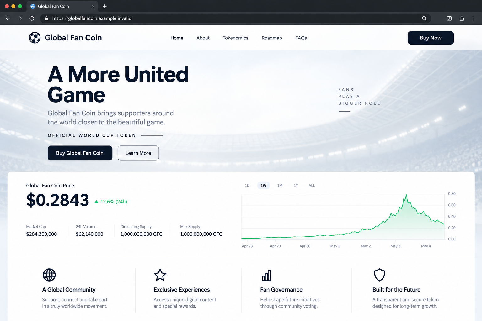Fictional fan coin market page illustrating a sharp rise followed by a fall