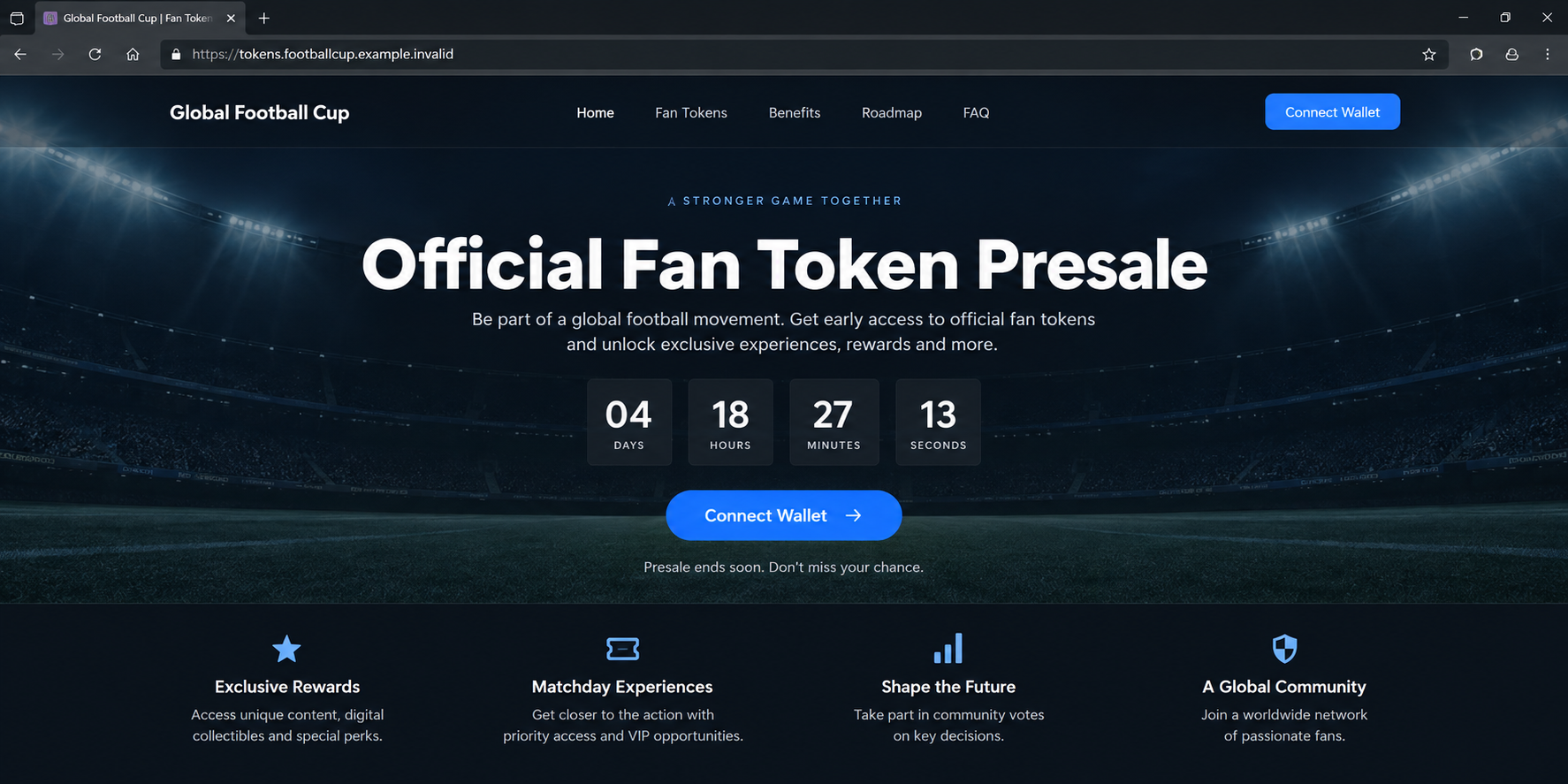 Fictional World Cup-themed fan token presale page claiming official status