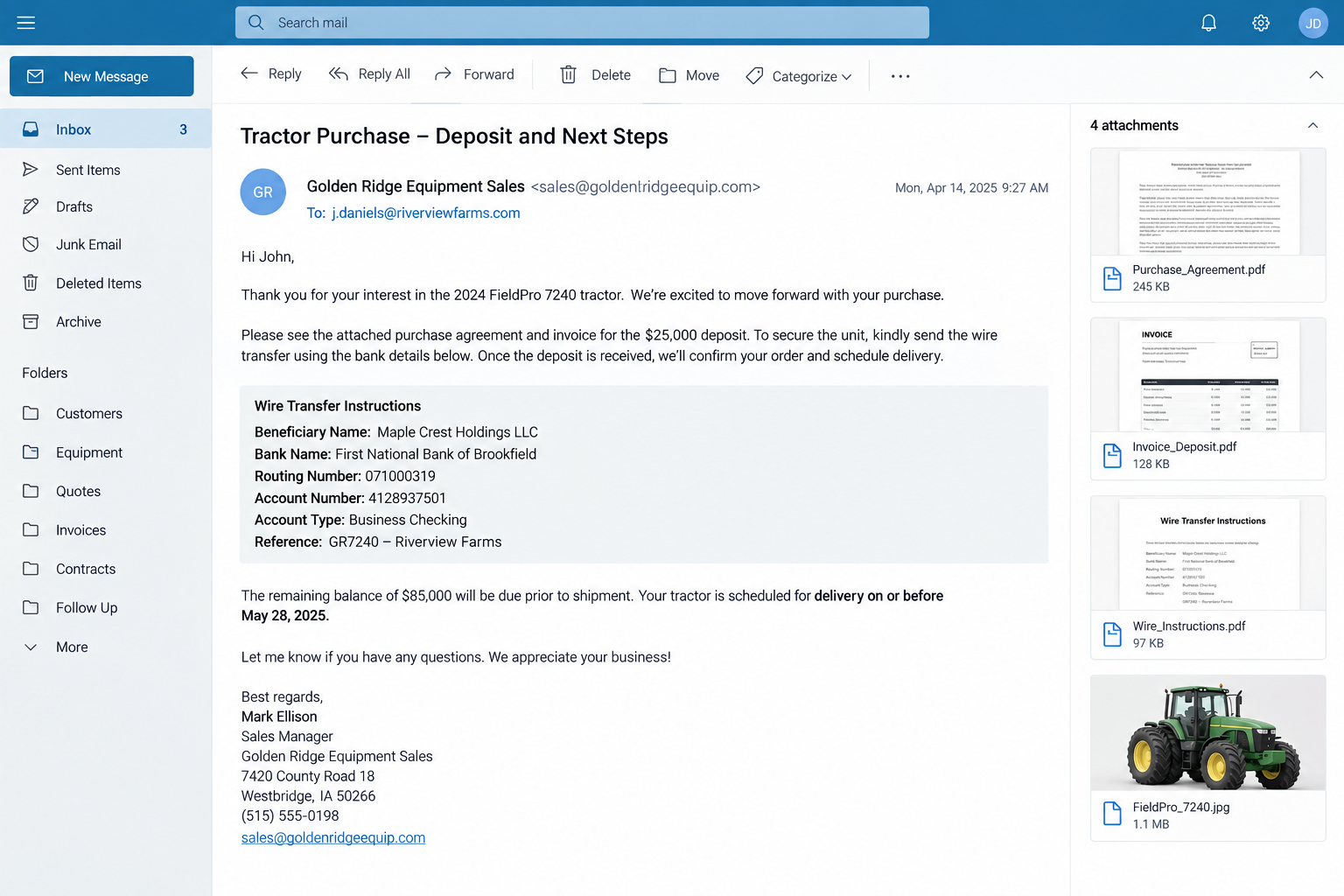 Fake Farm Equipment Website Scam Steals Wire Payments 2 Fictional farm equipment purchase email with invoice and suspicious wire transfer instructions