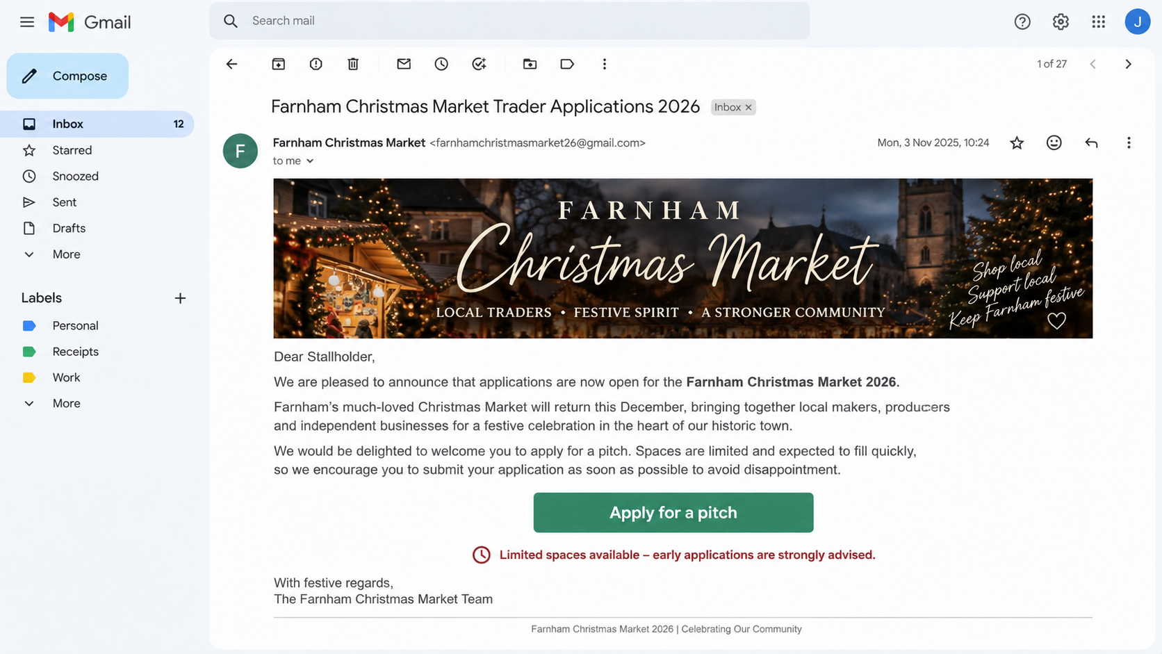 Fake Farnham Christmas Market trader invitation sent from a Gmail address
