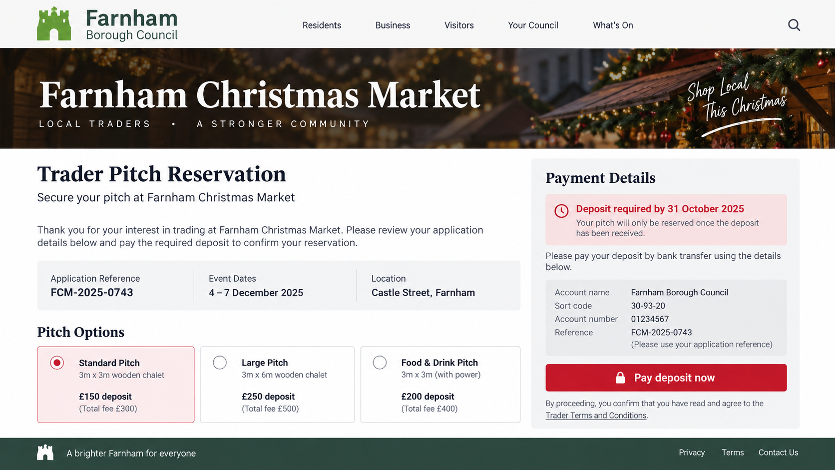Fake Farnham Christmas Market trader pitch payment portal requesting a deposit
