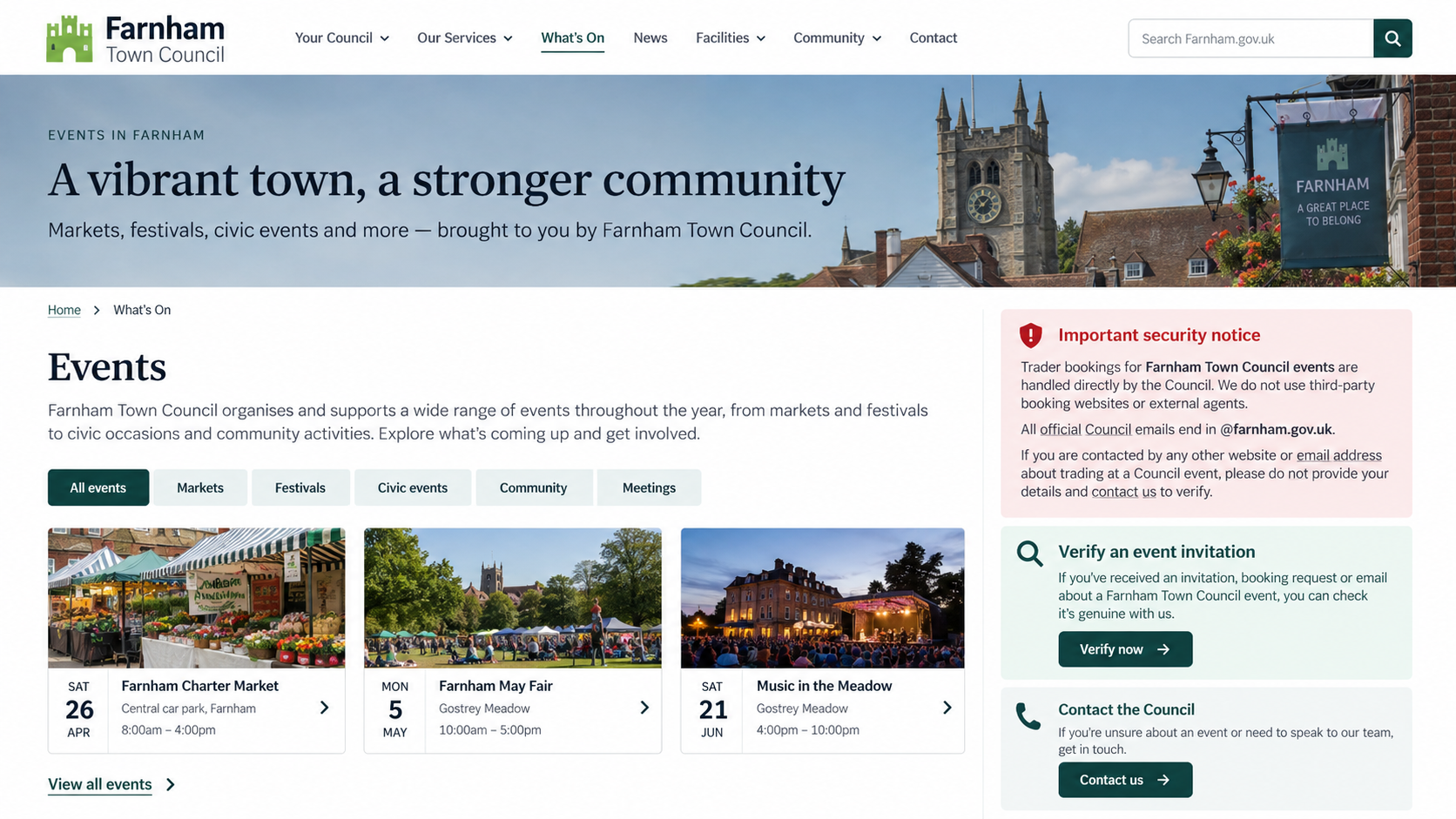 Farnham Town Council event page showing official trader booking security guidance
