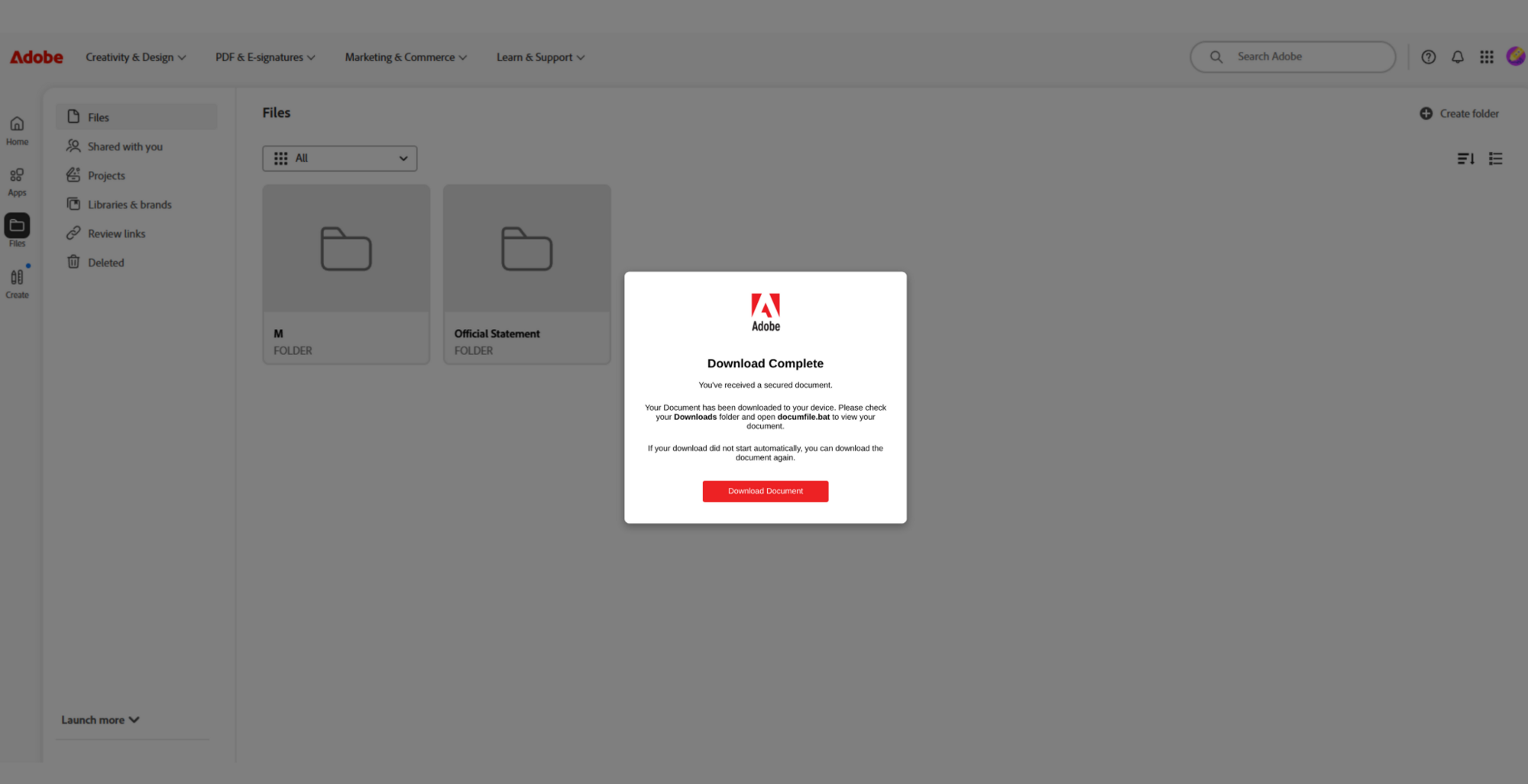 Fake Document Download Scam: The Adobe Update That Gives Away PC Access 1 Captured fake Adobe document page telling a visitor to open documfile.bat to view a secured document