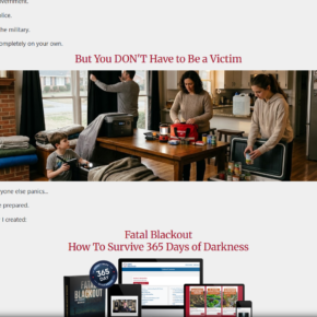 Fatal Blackout sales page promoting a 365-day darkness survival system
