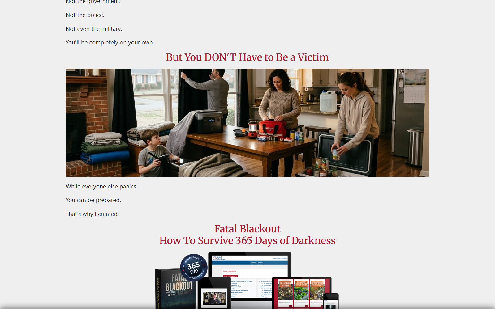 Fatal Blackout sales page promoting a 365-day darkness survival system