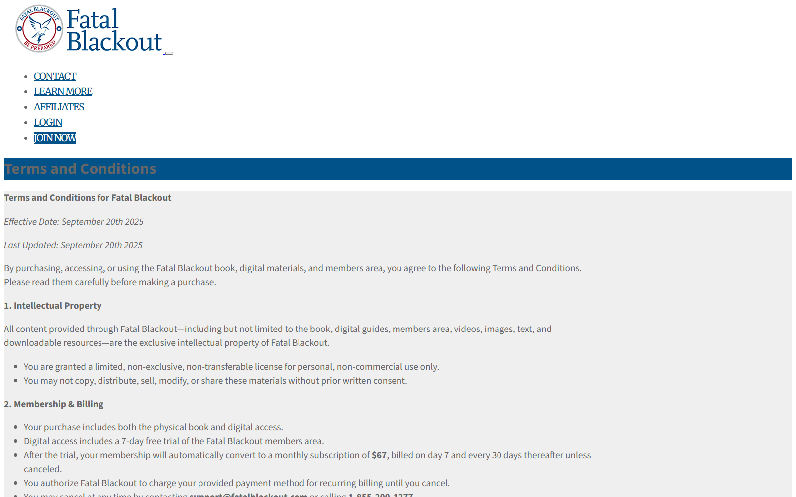 Fatal Blackout terms confirming automatic conversion to a $67 monthly subscription