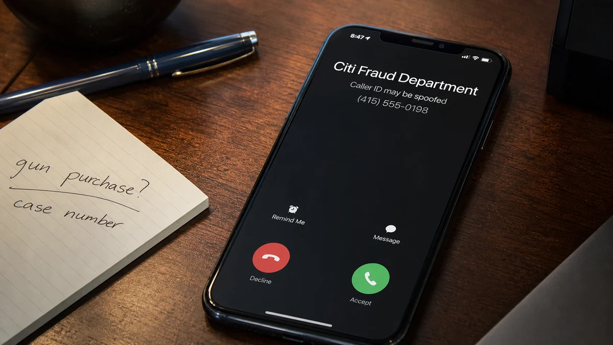 Realistic phone screen reconstruction of a fake bank fraud call claiming a gun purchase was connected to a crime