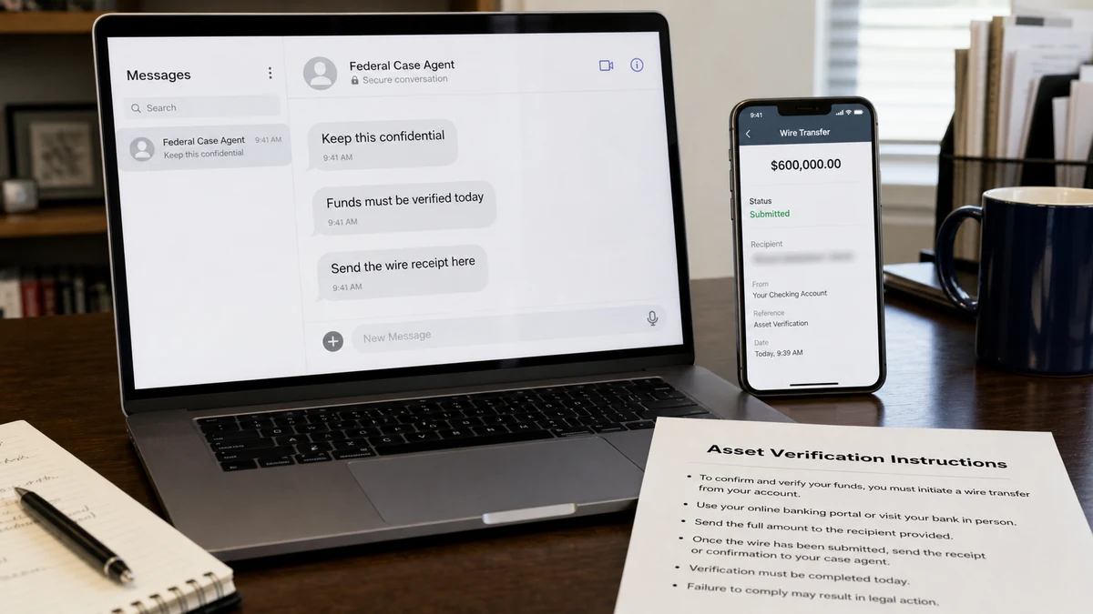 Realistic laptop reconstruction showing a $600,000 outgoing wire beside a fake federal agent verification chat