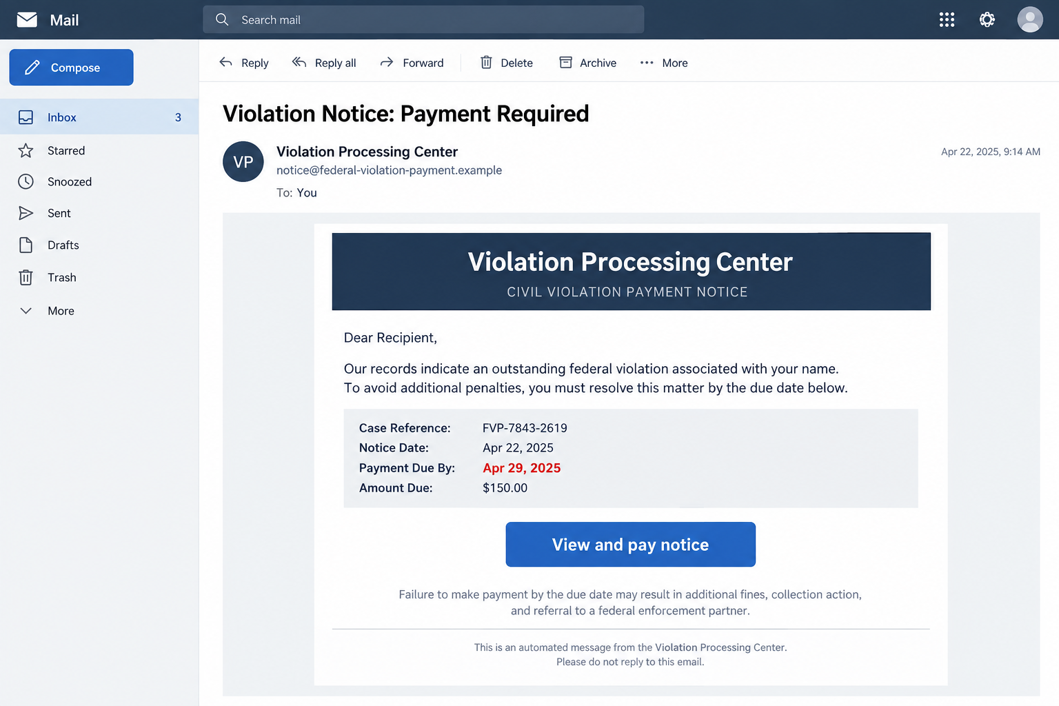 Fake Federal Violation Notice Payment Scam Steals Cards 1 Illustrative fake federal violation notice email linking to a fictional payment site