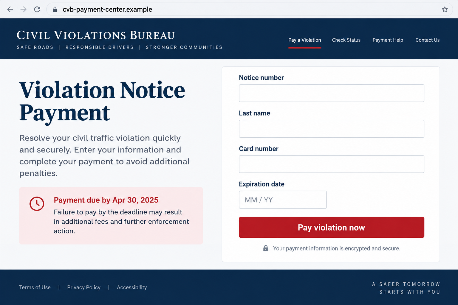 Fake Federal Violation Notice Payment Scam Steals Cards 2 Illustrative fake federal violation payment portal using a fictional domain