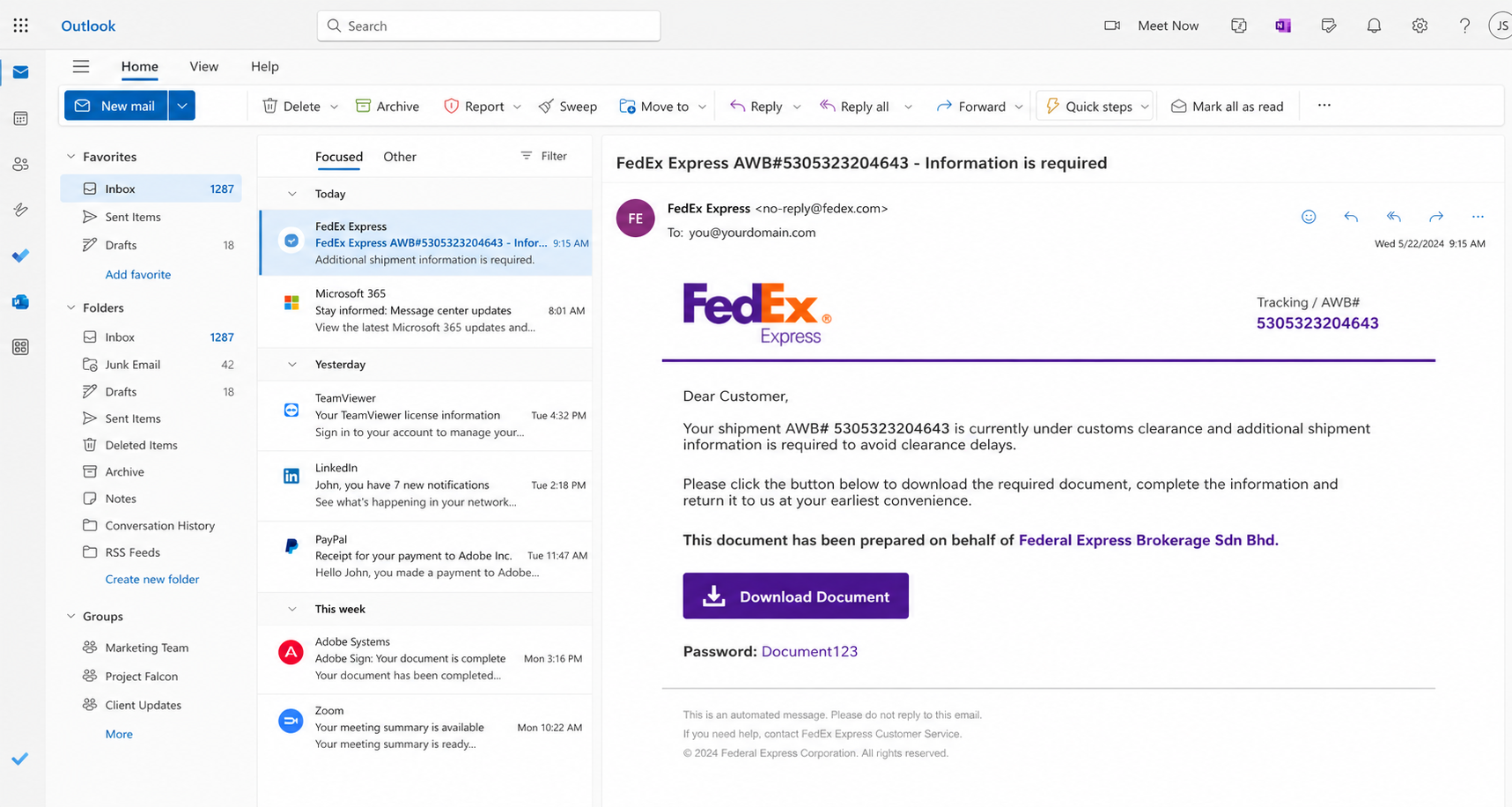 FedEx customs clearance phishing email with AWB number and Document123 password