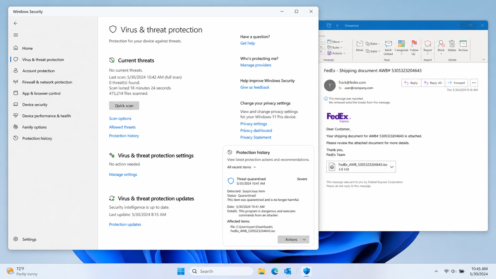 Windows Security showing a suspicious FedEx ISO item quarantined after a full scan