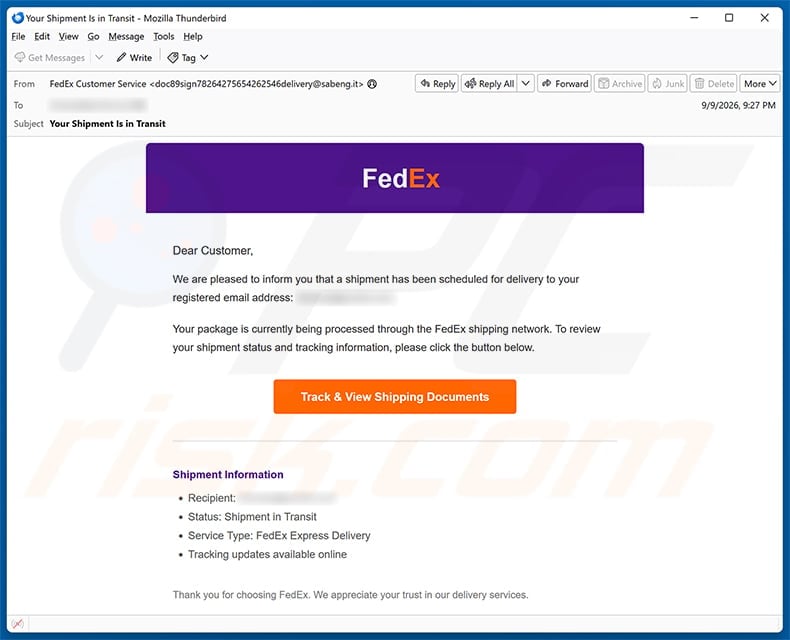 Fraudulent FedEx shipment email with a Track and View Shipping Documents button