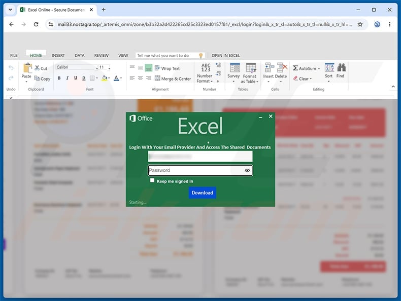 Counterfeit Microsoft Excel Online sign-in page reached through the fake FedEx shipment email