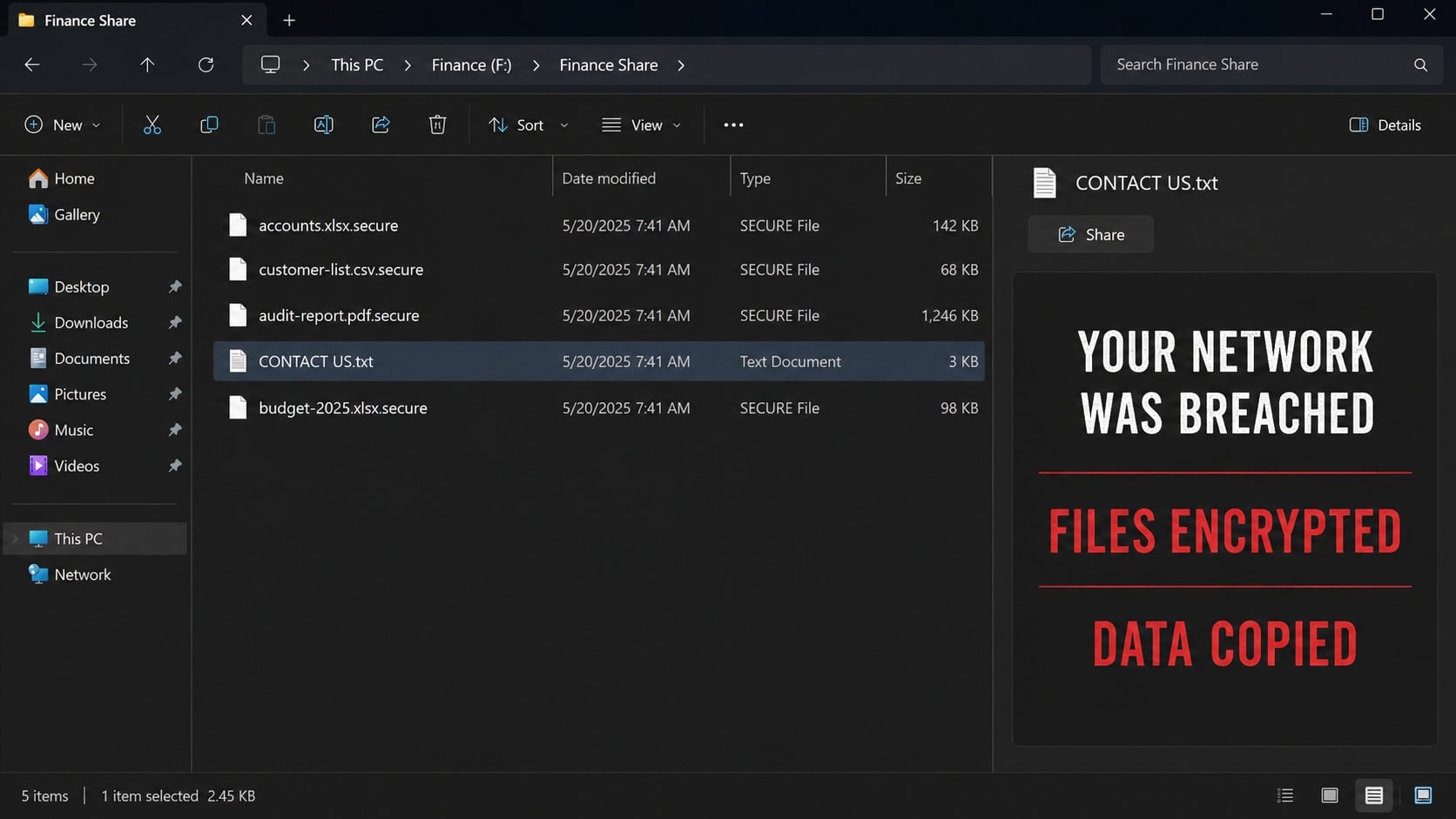 Files carrying the .secure extension beside the Fiasco CONTACT US.txt ransom note