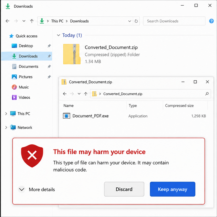 Free File Converter Scam Can Install Hidden Malware 2 Illustrative reconstruction of a converted ZIP download hiding an executable file