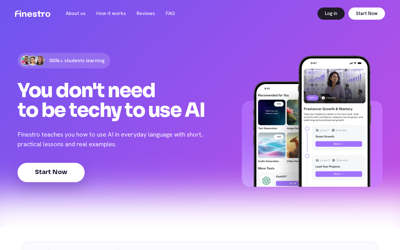 Finestro AI Review: Real Beginner App, Overhyped Income and Billing Traps 1 Finestro landing page promising beginner friendly AI lessons on mobile