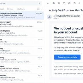 Illustrative unusual account activity email used to lead readers toward a fake firewall warning