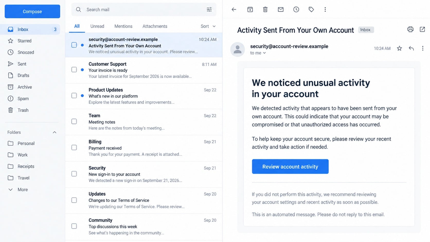 Illustrative unusual account activity email used to lead readers toward a fake firewall warning