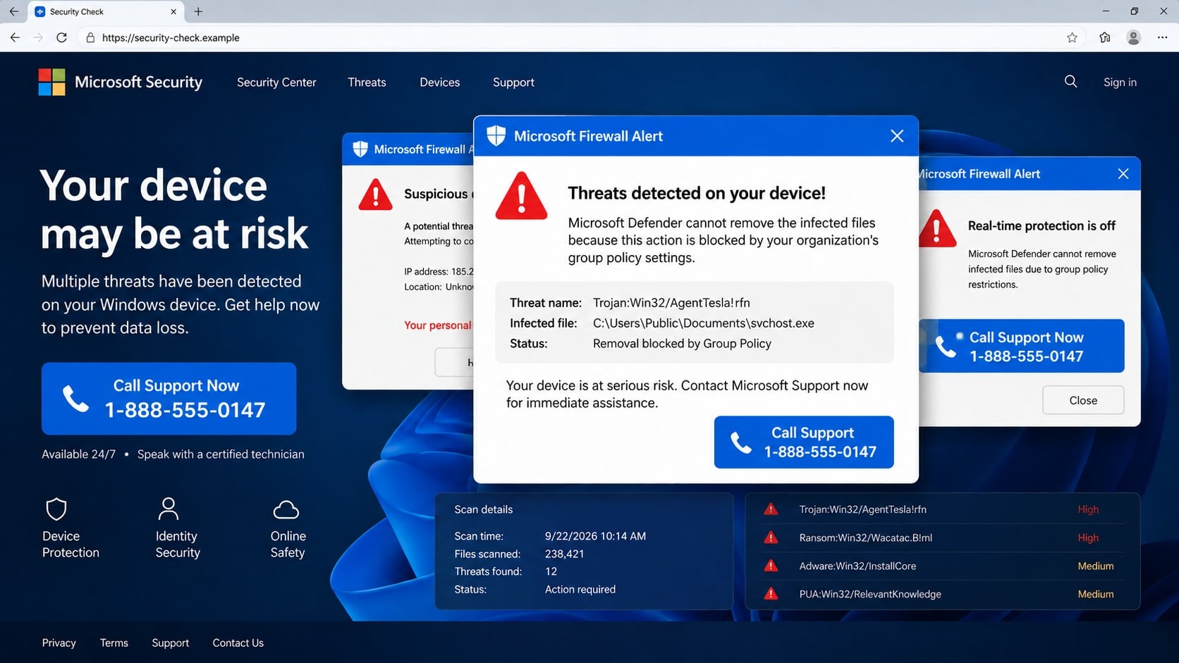 Illustrative browser page displaying overlapping fake Microsoft Firewall Alert dialogs and a support number