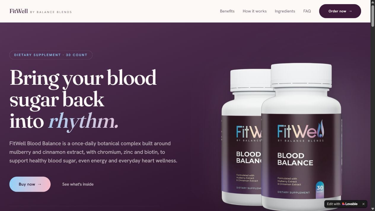 FitWell Blood Balance landing page displaying the supplement bottle and blood sugar support claims
