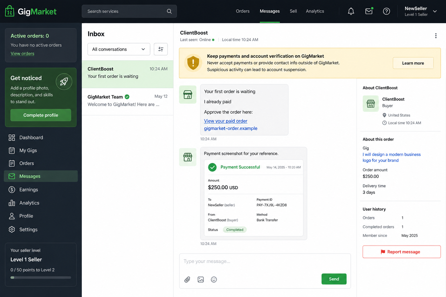 Fiverr fake order scam recreated in a fictional freelance marketplace inbox