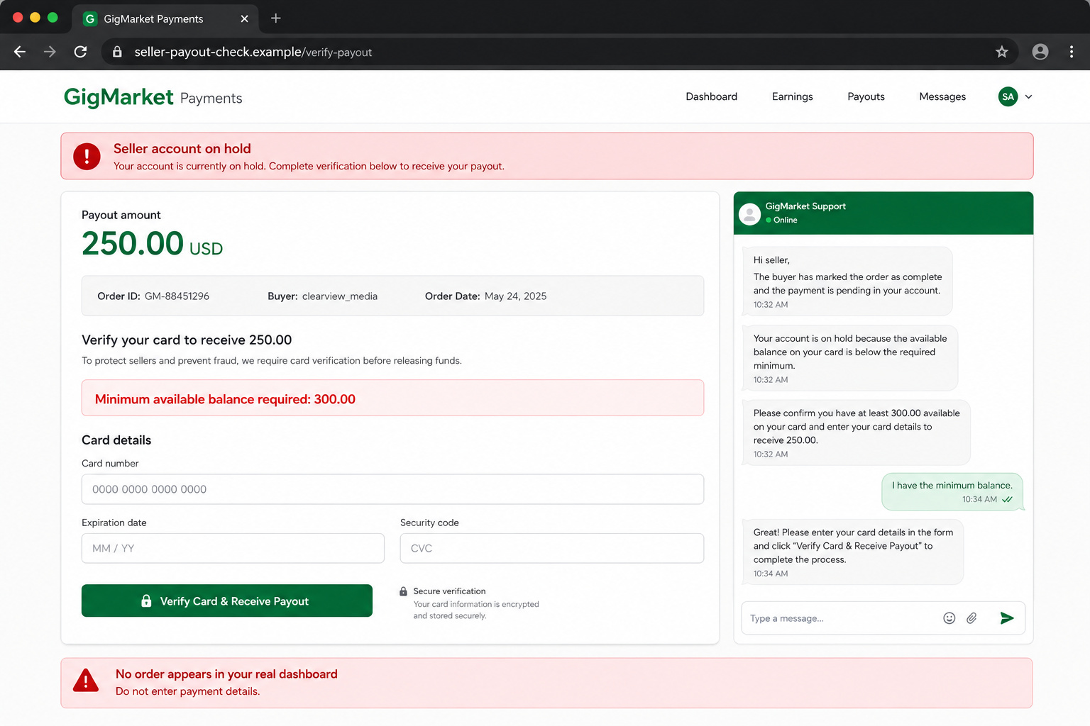 Fictional fake seller payout page requesting card details and a minimum balance