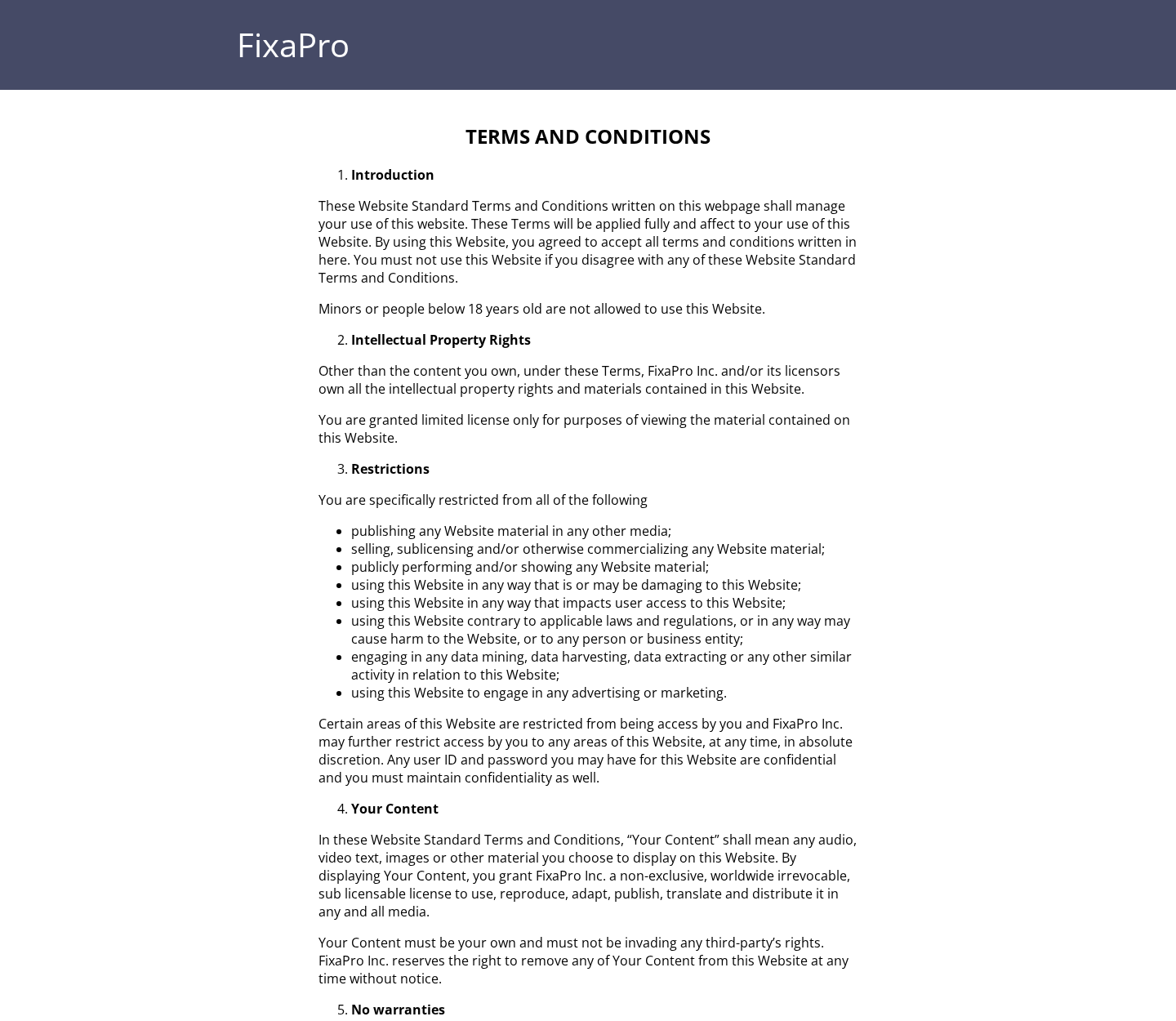 FixaPro terms page identifying FixaPro Inc and broad website conditions
