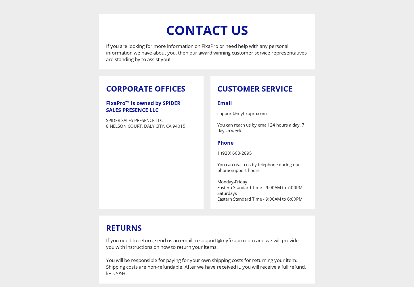 FixaPro contact page showing Spider Sales Presence LLC phone email and return terms