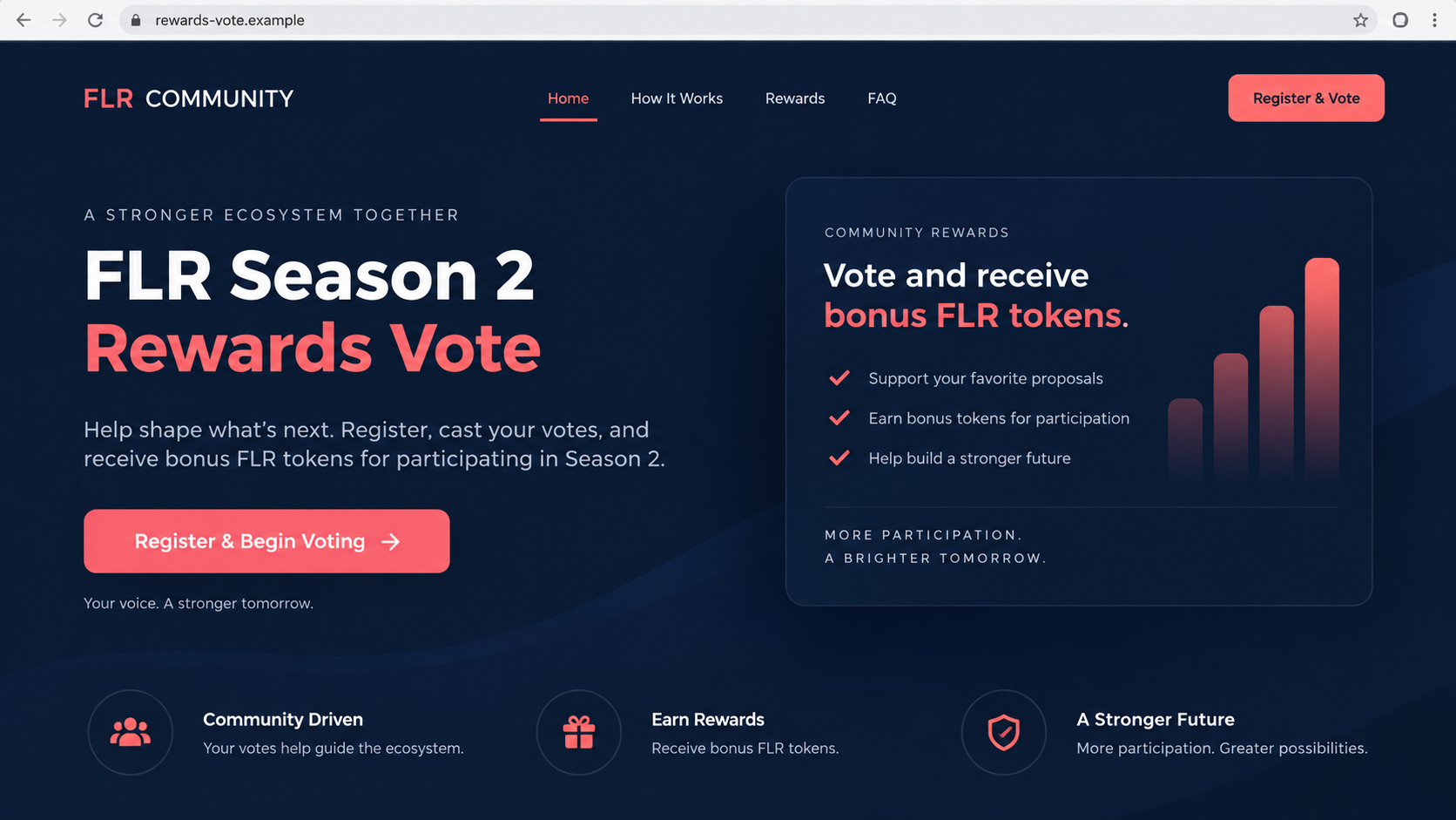 Illustrative fake FLR voting rewards page offering bonus tokens at a fictional address