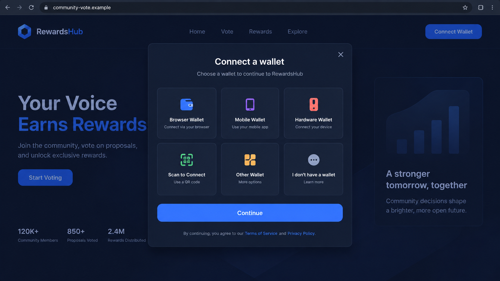 Illustrative wallet connection prompt on a fictional rewards voting page