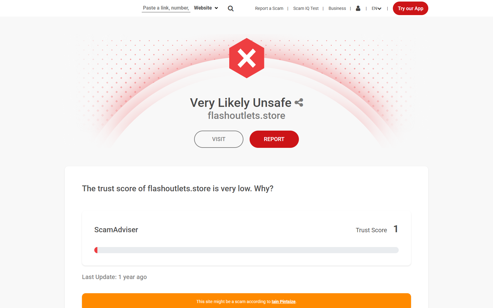 Website reputation report showing a trust score of one for flashoutlets.store