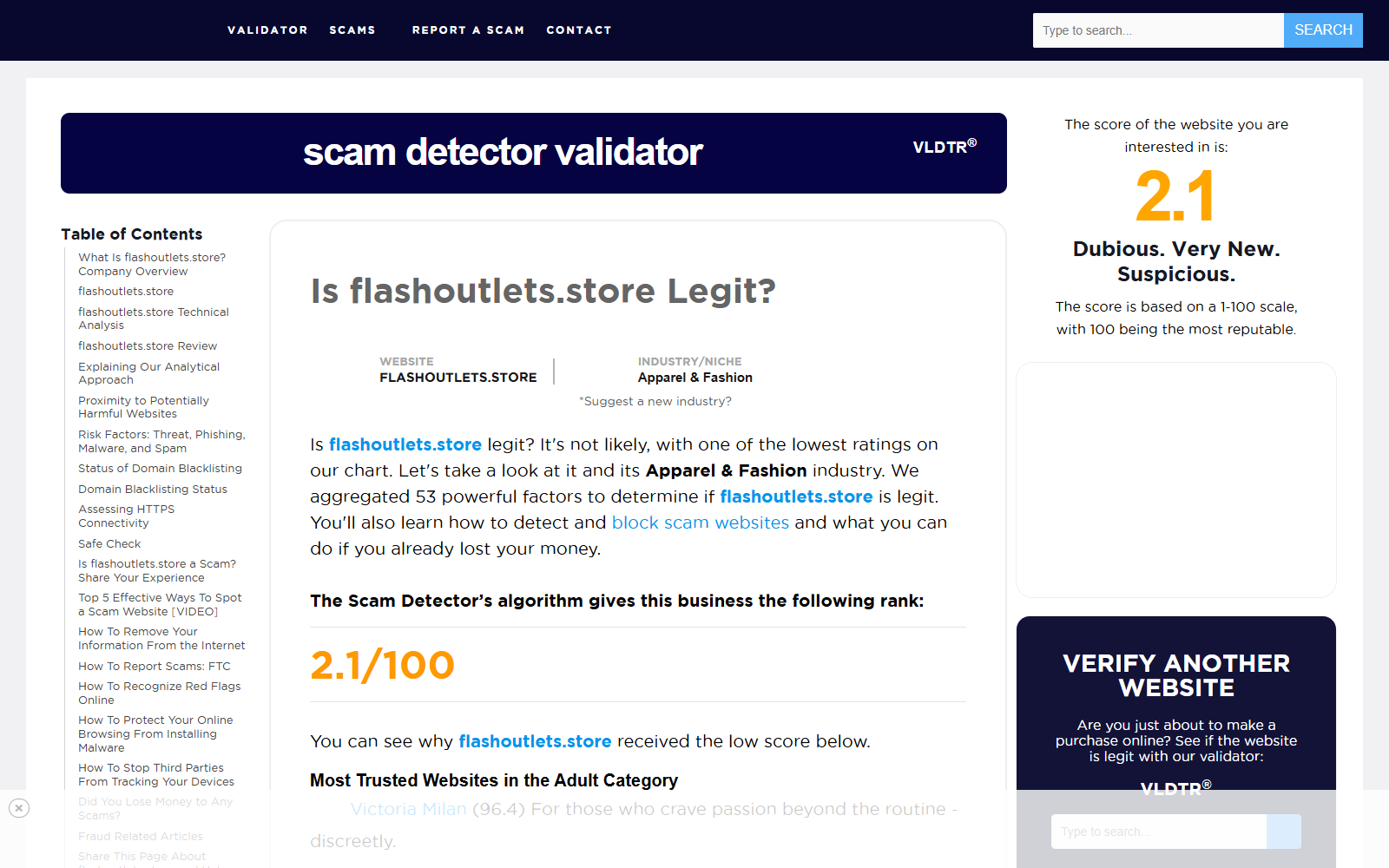 Flashoutlets.store analysis displaying a score of 2.1 out of 100