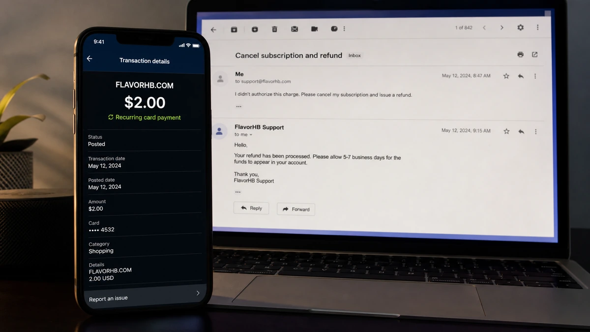 FlavorHB $2 Charge May Be a Subscription Trap 1 Realistic reconstruction of a recurring $2 FlavorHB card charge beside a vague subscription cancellation and refund email
