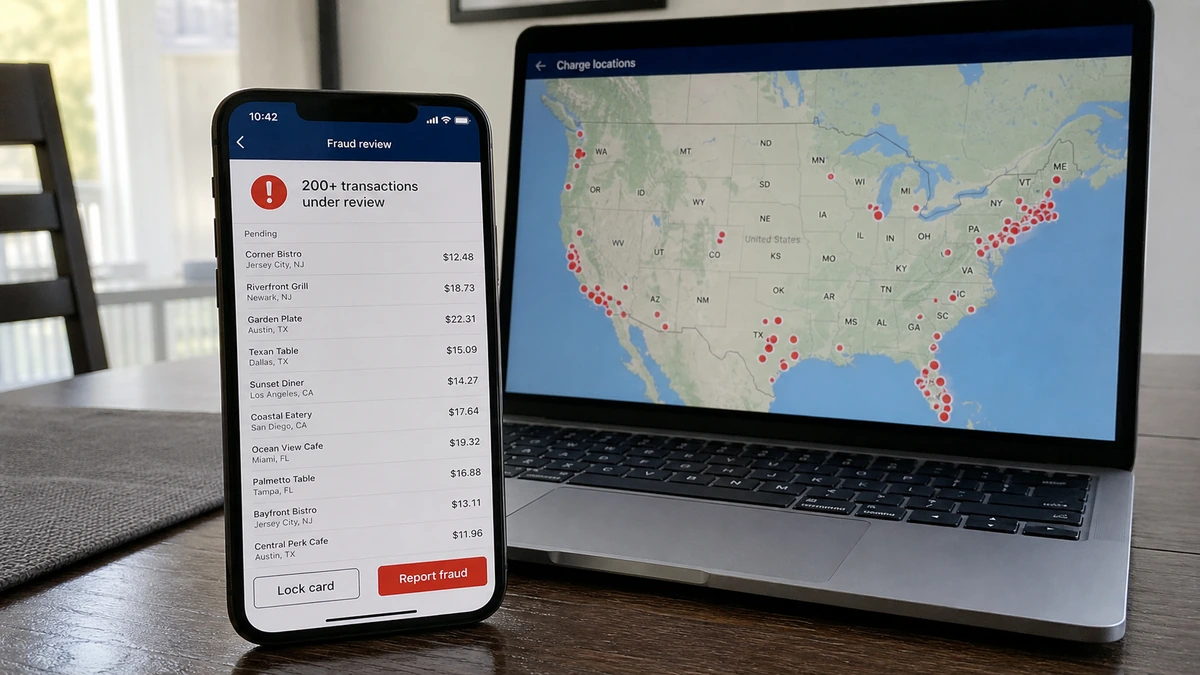 One Stolen Card Funded 200 Food Orders Nationwide 1 Realistic reconstruction of a banking fraud review showing more than 200 restaurant charges spread across multiple states