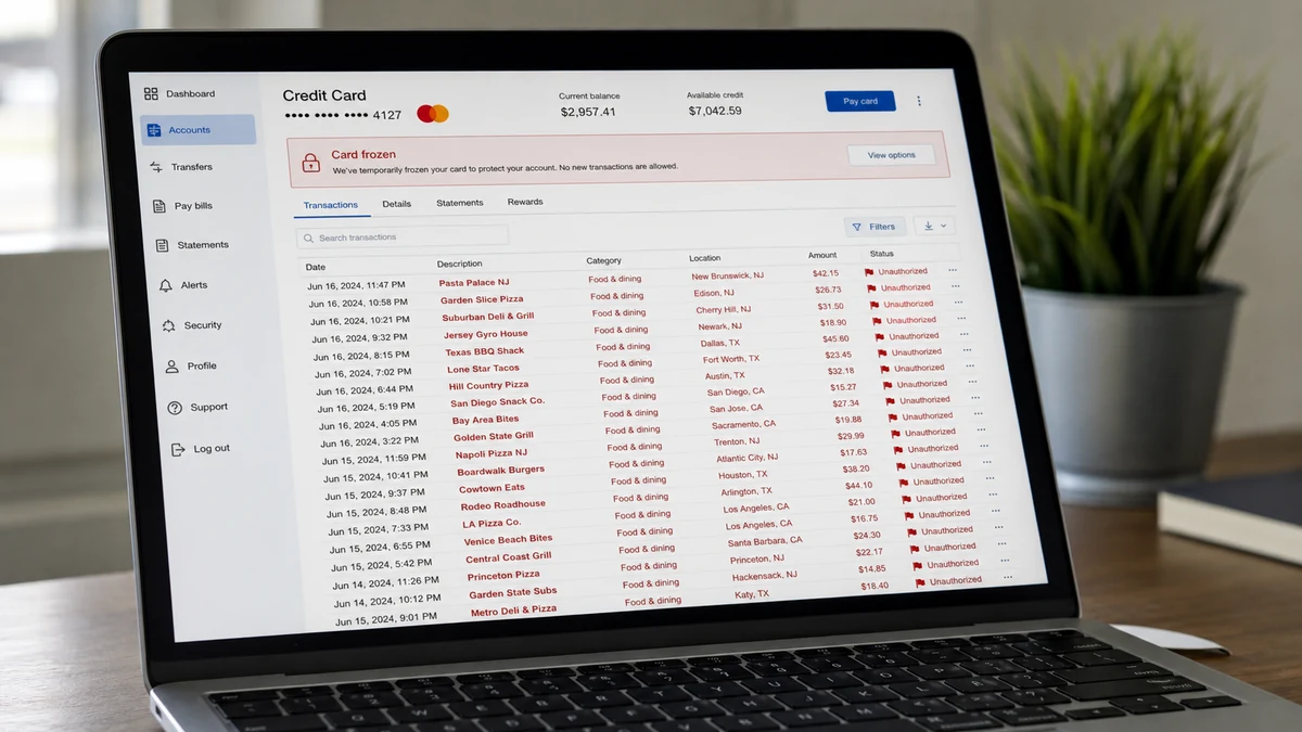 One Stolen Card Funded 200 Food Orders Nationwide 2 Realistic banking dashboard reconstruction showing many unauthorized food orders across New Jersey, Texas, and California with the card frozen