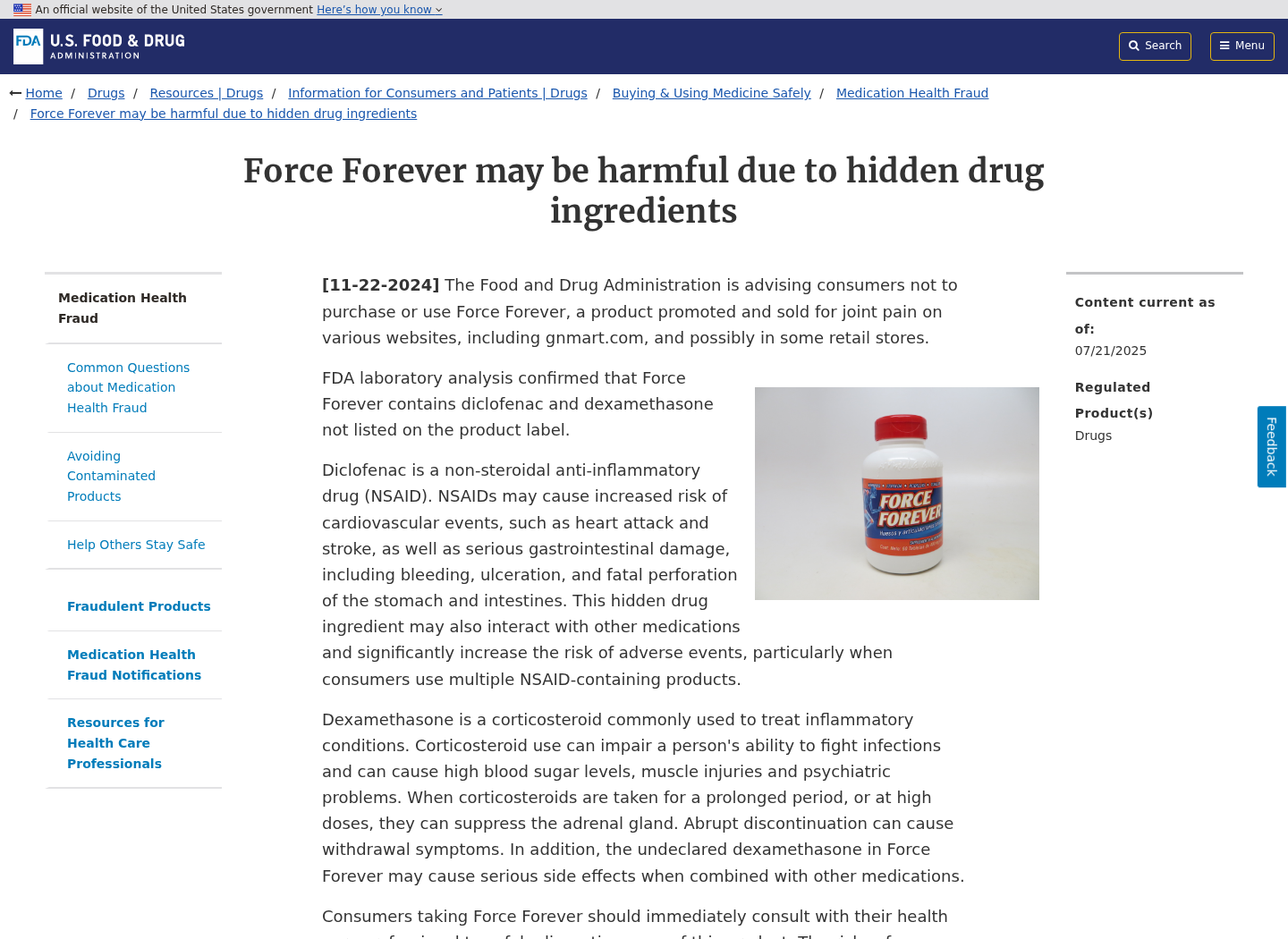FDA safety warning for Force Forever showing the recalled joint pain supplement bottle and hidden drug alert
