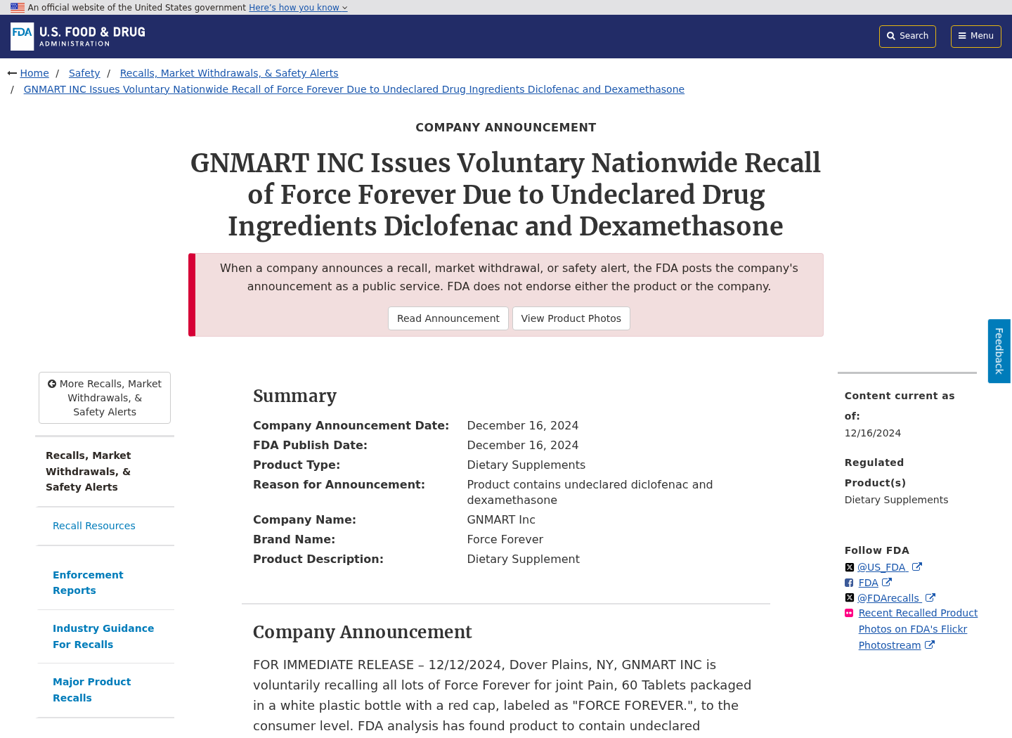 FDA recall notice identifying every lot of Force Forever tablets with an expiration date of March 27 2030