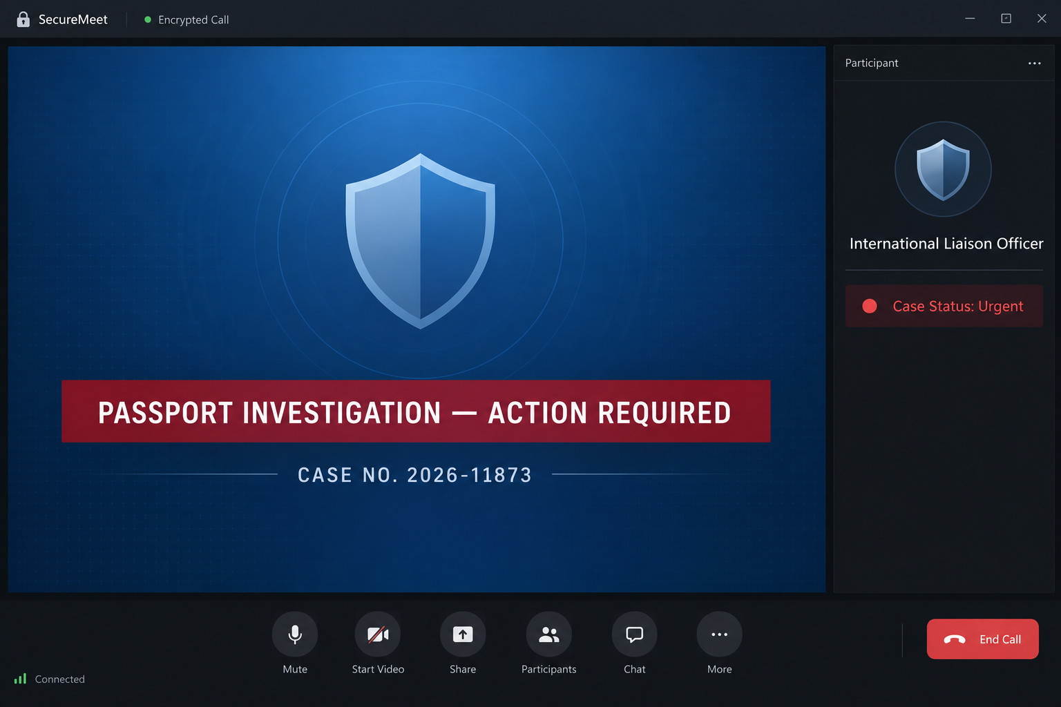 Foreign Police Video Call Scam Threatens Extradition 1 Fictional video call interface claiming a passport investigation requires urgent action