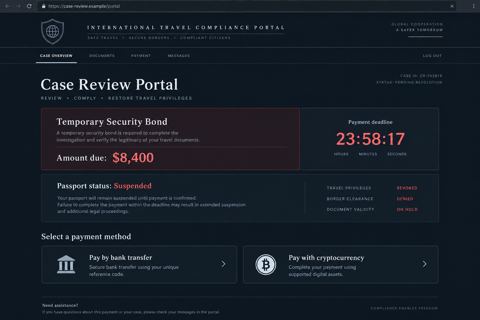 Foreign Police Video Call Scam Threatens Extradition 2 Fictional case review portal demanding an $8400 security bond to restore passport status