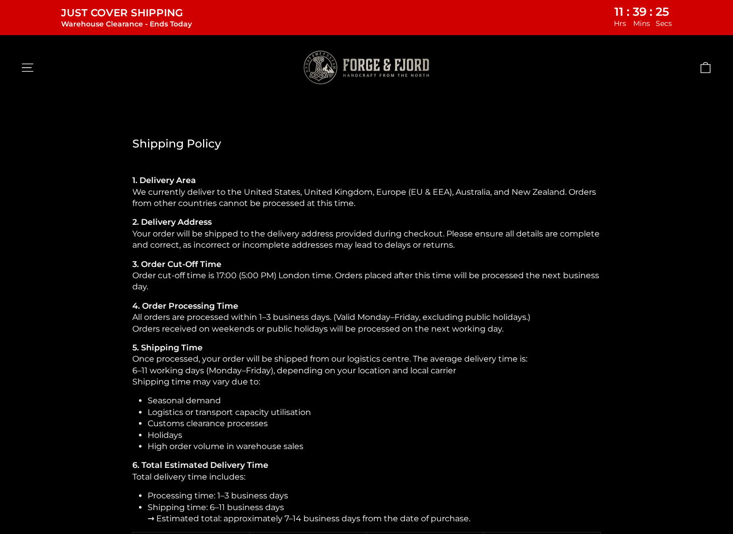 Forge and Fjord shipping policy explaining per-order delivery and the mandatory shipping charge