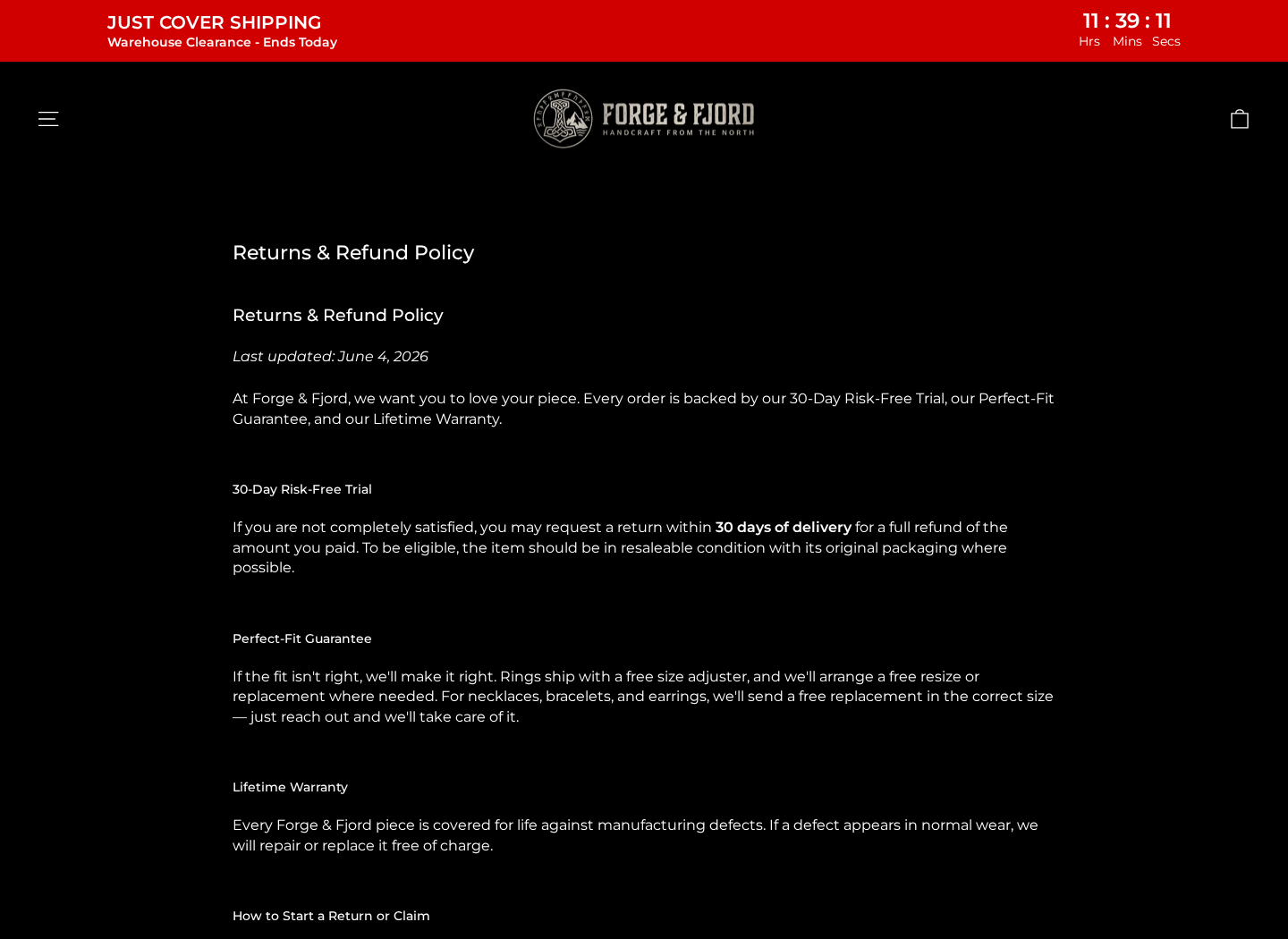 Forge and Fjord returns policy describing its 30-day trial and customer-paid return postage