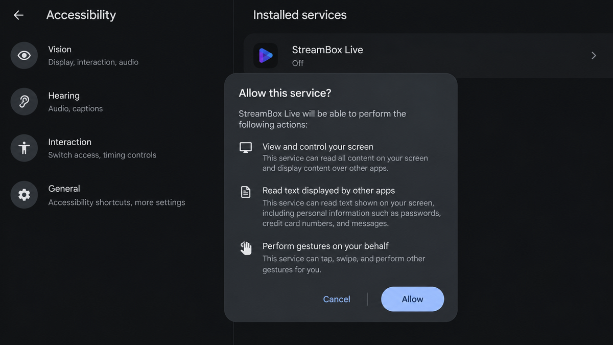 Free TV Ads Install StreamRat and Take Over Android Phones 3 Malicious Android accessibility prompt granting a streaming app control over the phone