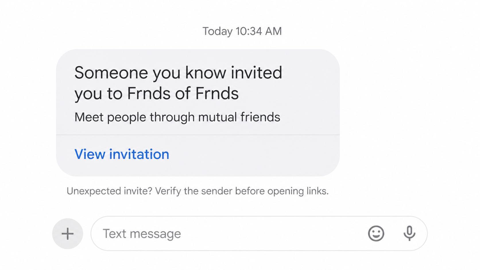 Unexpected Frnds of Frnds text invitation asking the recipient to open a link
