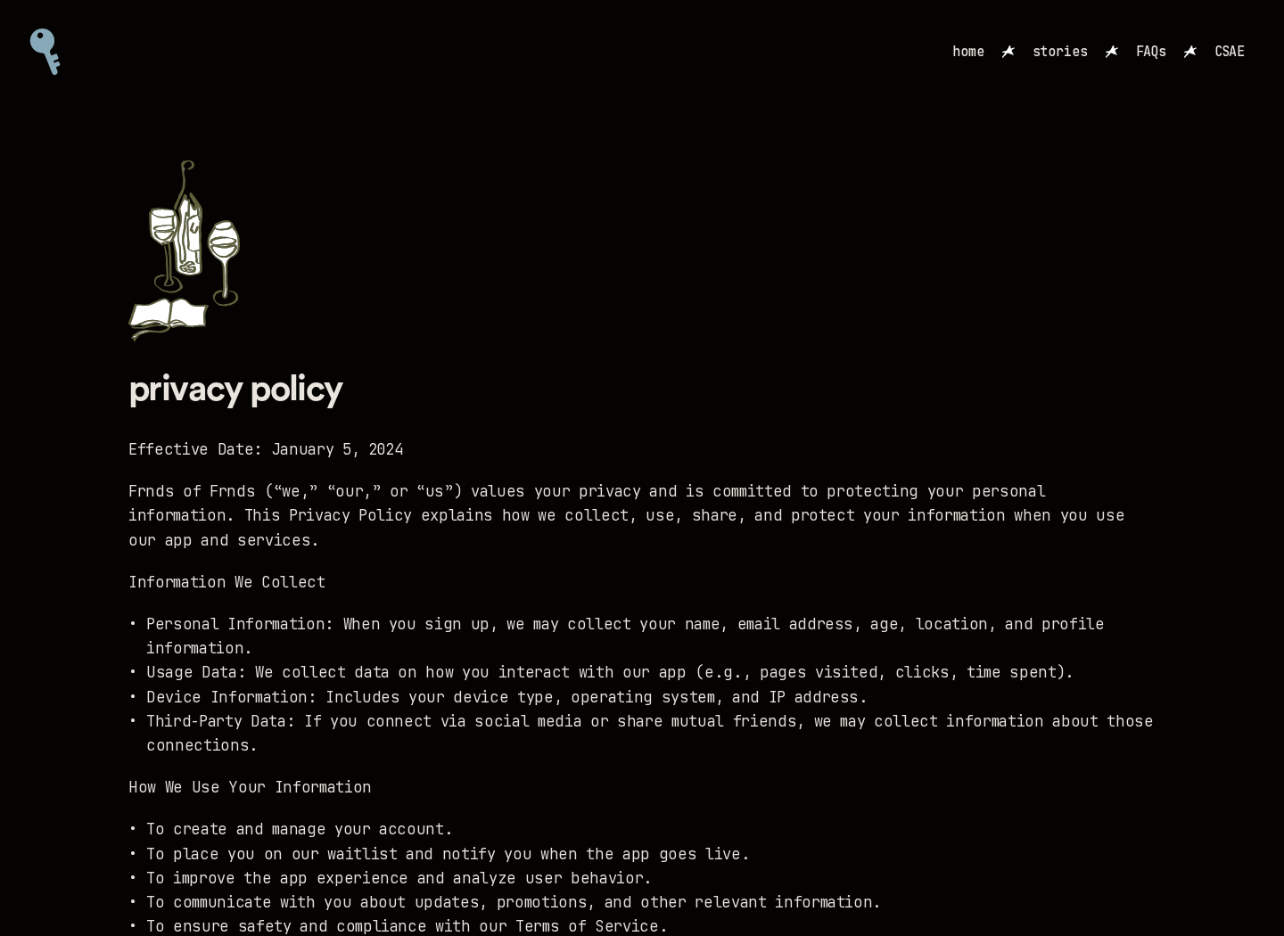 Frnds of Frnds privacy policy listing personal, usage, device, and mutual-friend data