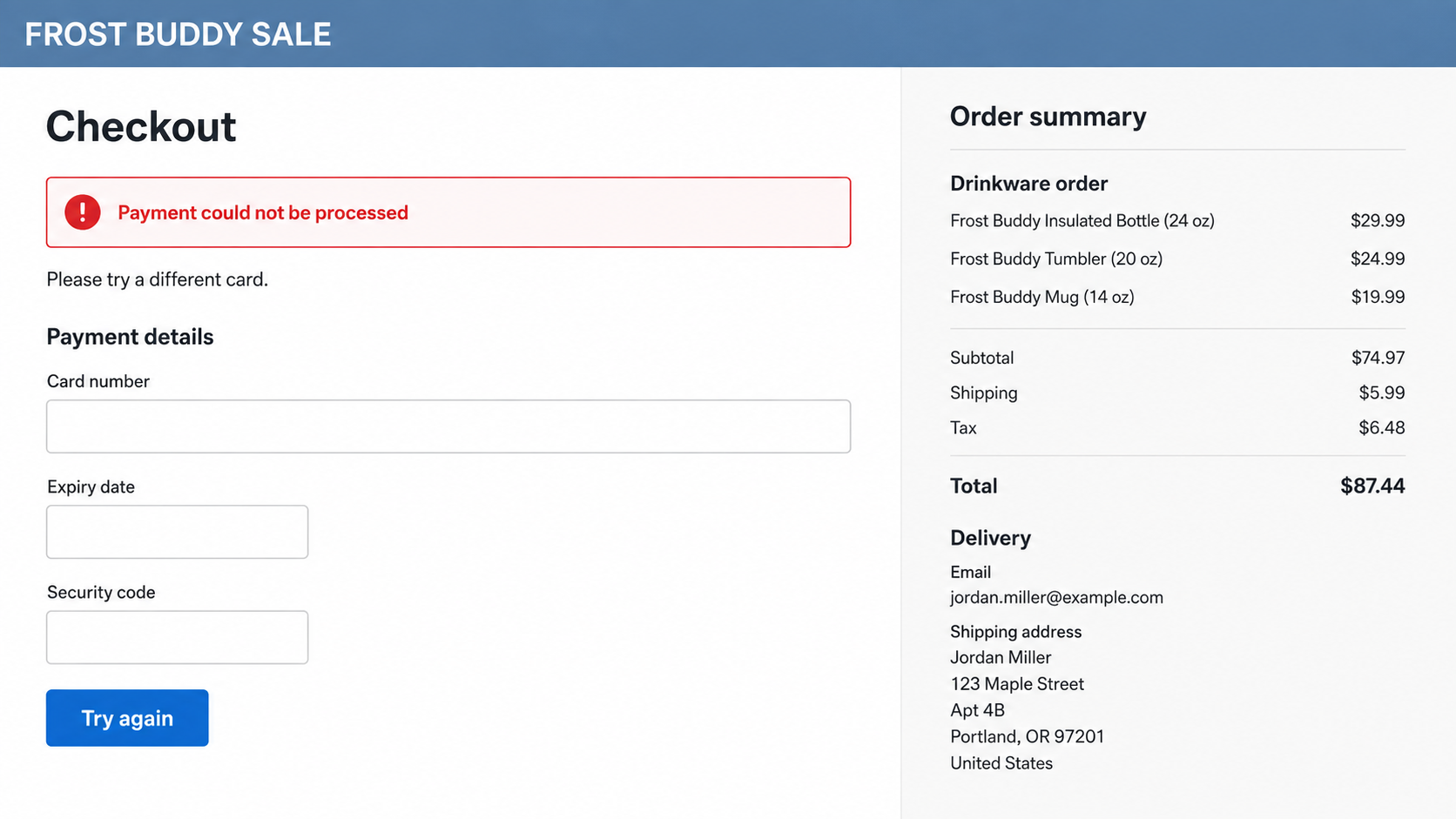 Illustrative fake Frost Buddy checkout showing a payment error and a request to try another card