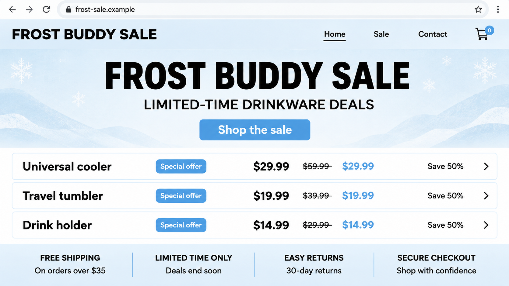 Illustrative reconstruction of a Frost Buddy impersonation store advertising drinkware discounts
